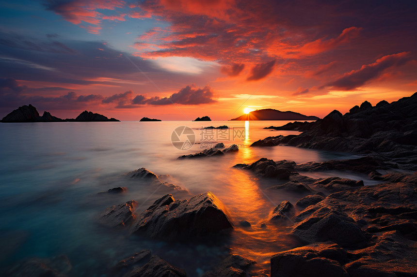 黄昏岩滩上交叉的夕阳照片图片