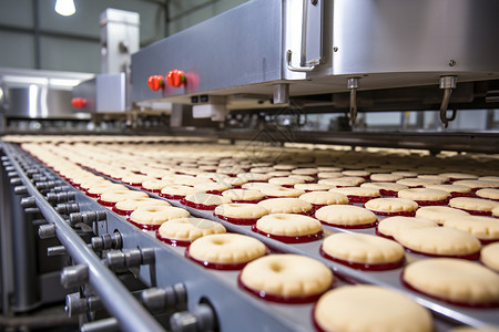 饼干生产工厂中的传送带上有一行饼干背景