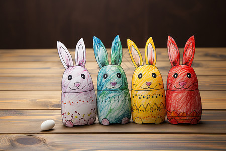 卡通兔子边框四只彩绘复古复活节兔子背景