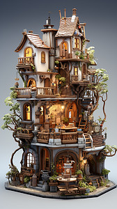 创意树屋3D树屋模型插画