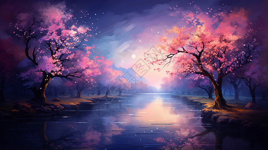 湖面上的樱花倒映图片