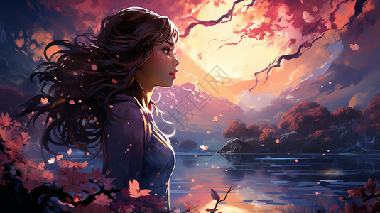 红叶一片夕阳下湖畔的女孩插画