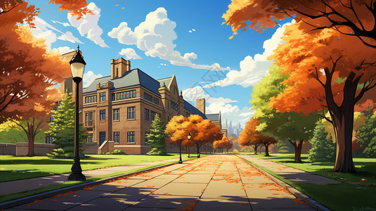 秋季建筑卡通风格的大学校园创意插图插画