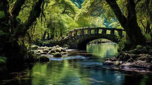 森林里的石拱桥背景图片