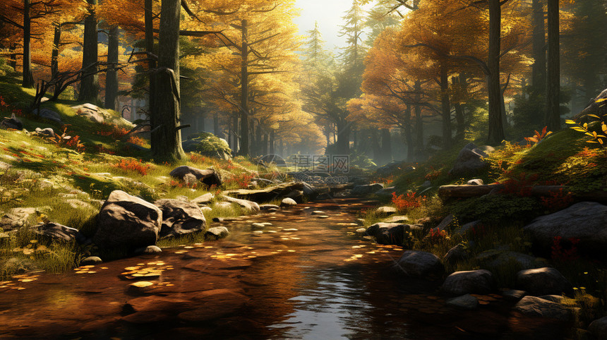 秋季河边的森林图片