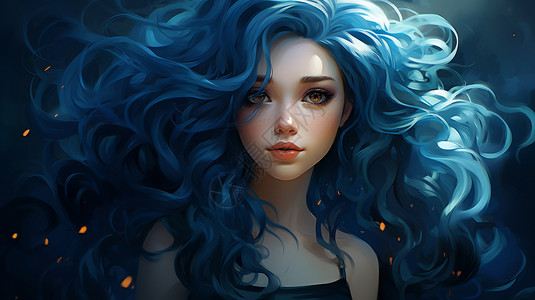 头发创意卡通可爱的蓝头发女孩插画