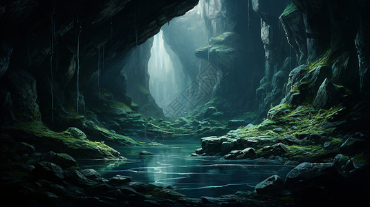 苔藓河阴暗森林里的河流插画