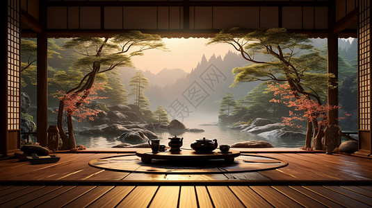 日式地板茶具背景图片