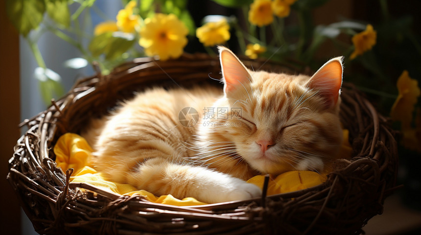 阳光下熟睡的小猫咪图片