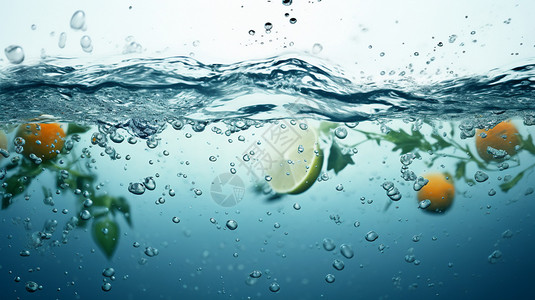 掉入水中水中气泡包围的柠檬设计图片