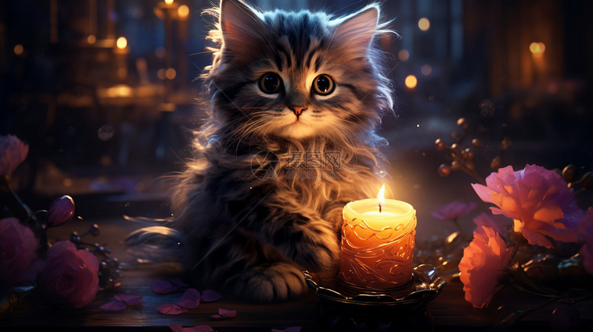 蜡烛前的可爱小猫图片