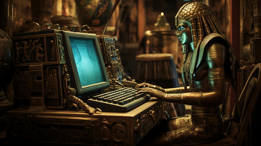 埃及法老电脑前的埃及铜人设计图片