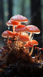 雨后地面树林中新生的蘑菇设计图片