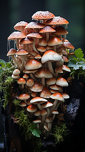 雨后地面丛林中生长的蘑菇设计图片