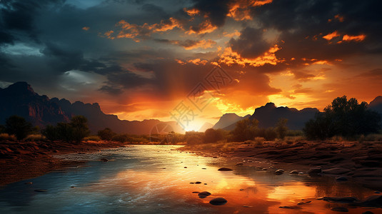 山林河流上绚丽的黄昏图片
