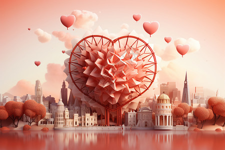 爱心漂浮城市漂浮的3D艺术背景插画