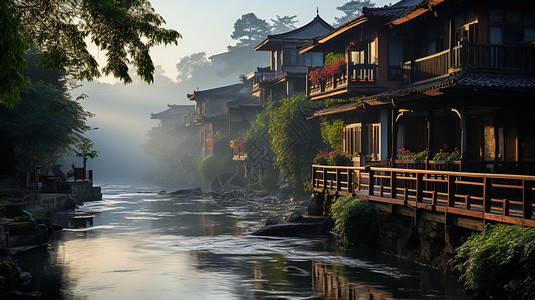 夏季美丽的江南水乡景观图片