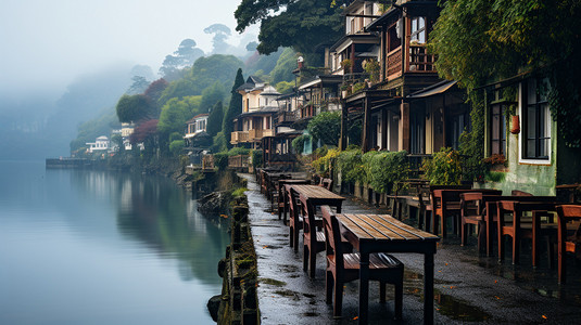 迷雾笼罩的江南烟雨水乡景观图片