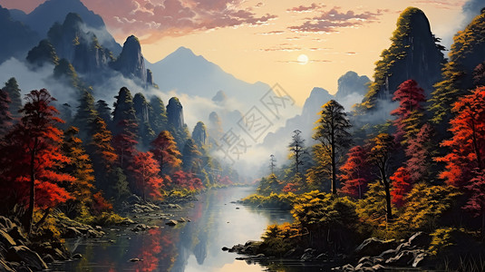 美丽的秋天山谷森林景观背景图片