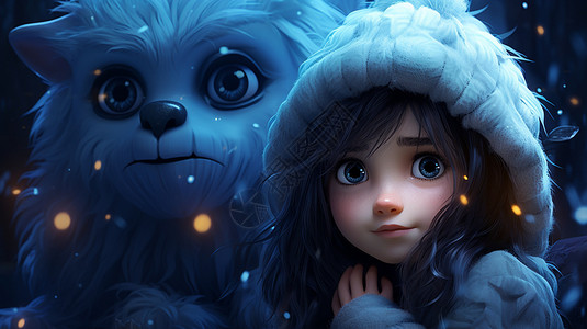 雪夜里的卡通立体小女孩背景图片