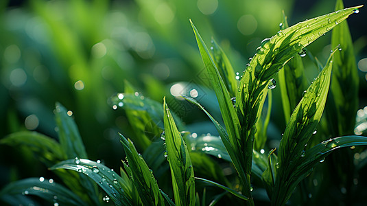 雨后清晨夏季雨后的绿叶植物背景