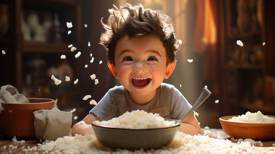 小孩吃米饭吃米饭的可爱小男孩插画