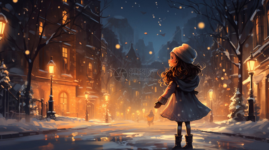 雪中寂静街道上的小女孩图片