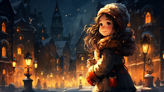 雪夜街头乖巧的小女孩图片