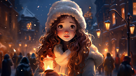 动画街道素材雪中手拿蜡烛的乖巧小女孩插画