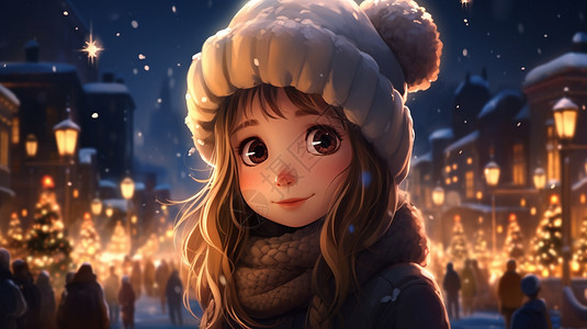 动画街道素材冬季街道上可爱的小女孩插画