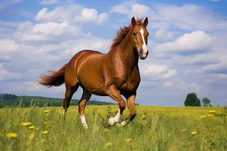 马在牧场驰骋在草地上的马背景