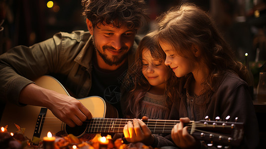 温馨演奏吉他的一家人背景图片