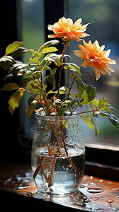 粉色玻璃水杯花瓶中盛开的小花背景