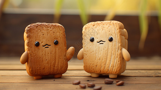 面包与咖啡豆可爱面包拟人化3D插图插画