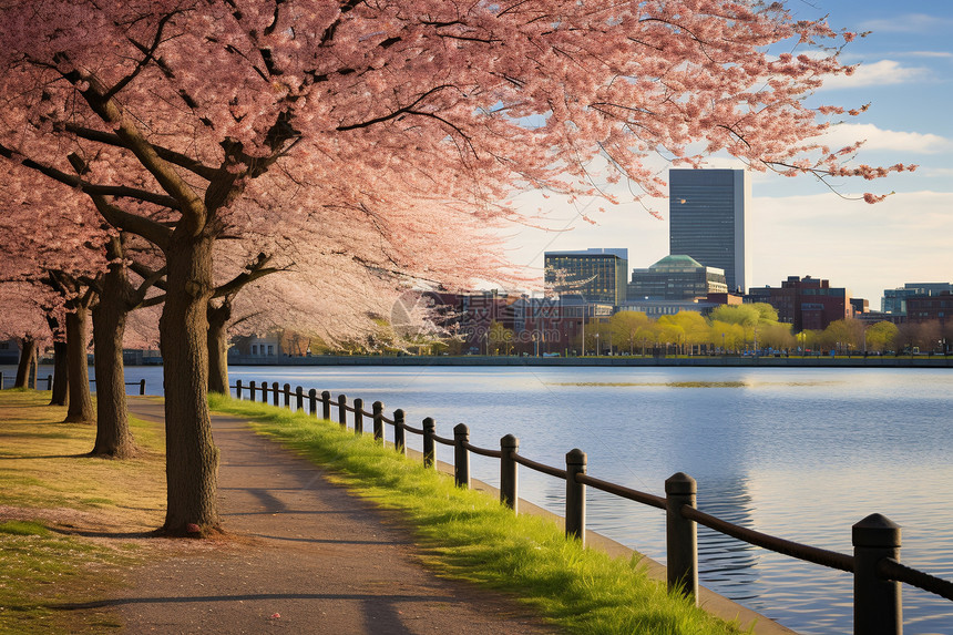 湖边的樱花树图片