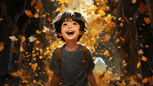 秋季城市开心微笑的小男孩背景图片