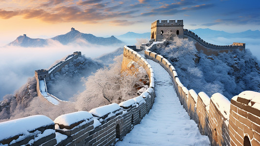 白雪覆盖的长城景观插图高清图片