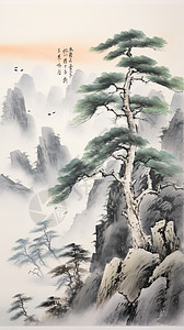 山间迎松树的水墨插图图片