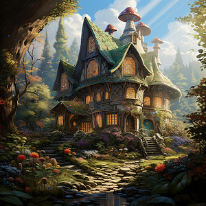 创意树屋梦幻场景中的森林树屋插画