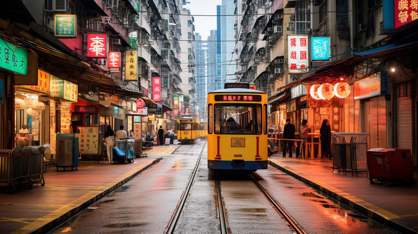 香港城市街道中的电车图片