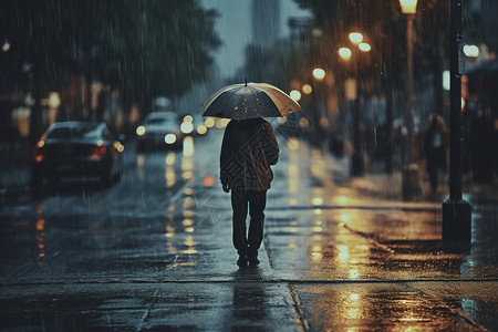 街道傍晚雨中漫步的行人背景