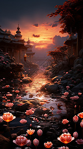 河道夜景夕阳下河岸旁的鲜花插画