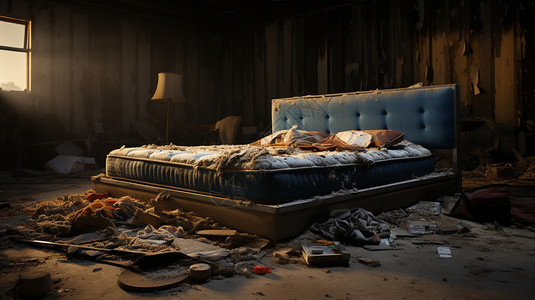 卧室中凌乱的废墟图片