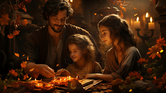夜晚烛光里温馨的家人背景图片
