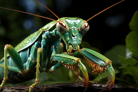 绿叶旁的螳螂背景图片