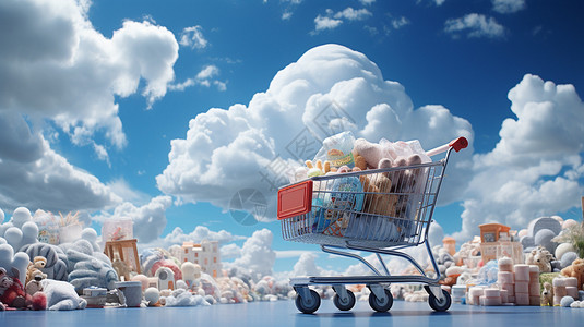 超市年货白云下的购物车设计图片