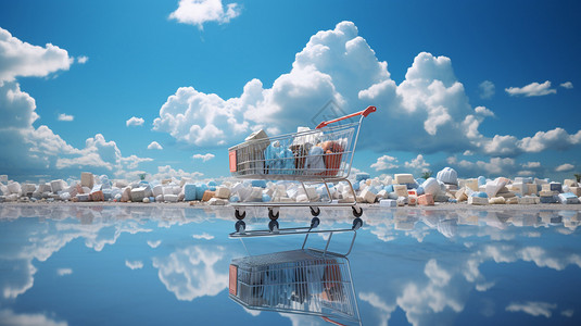 超市年货蓝天下的购物车设计图片