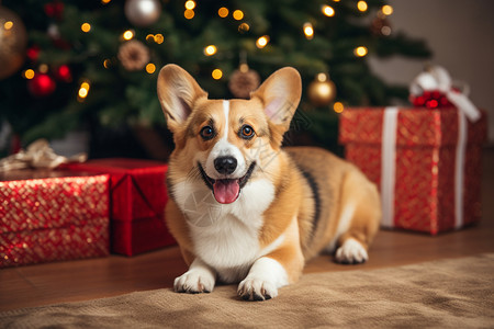 礼物旁的狗宠物家犬高清图片