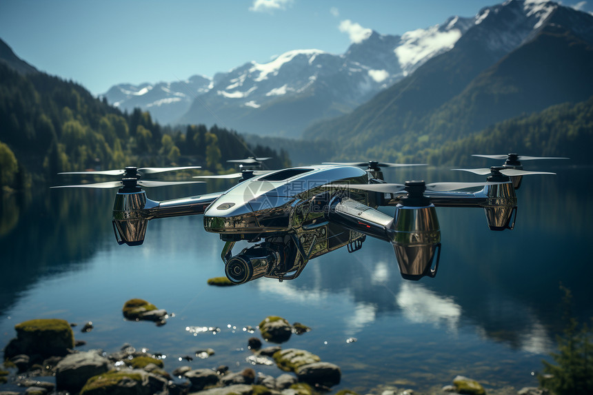 湖泊上空飞行的无人机图片