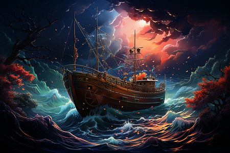 深海渔船海浪拍打着渔船插画